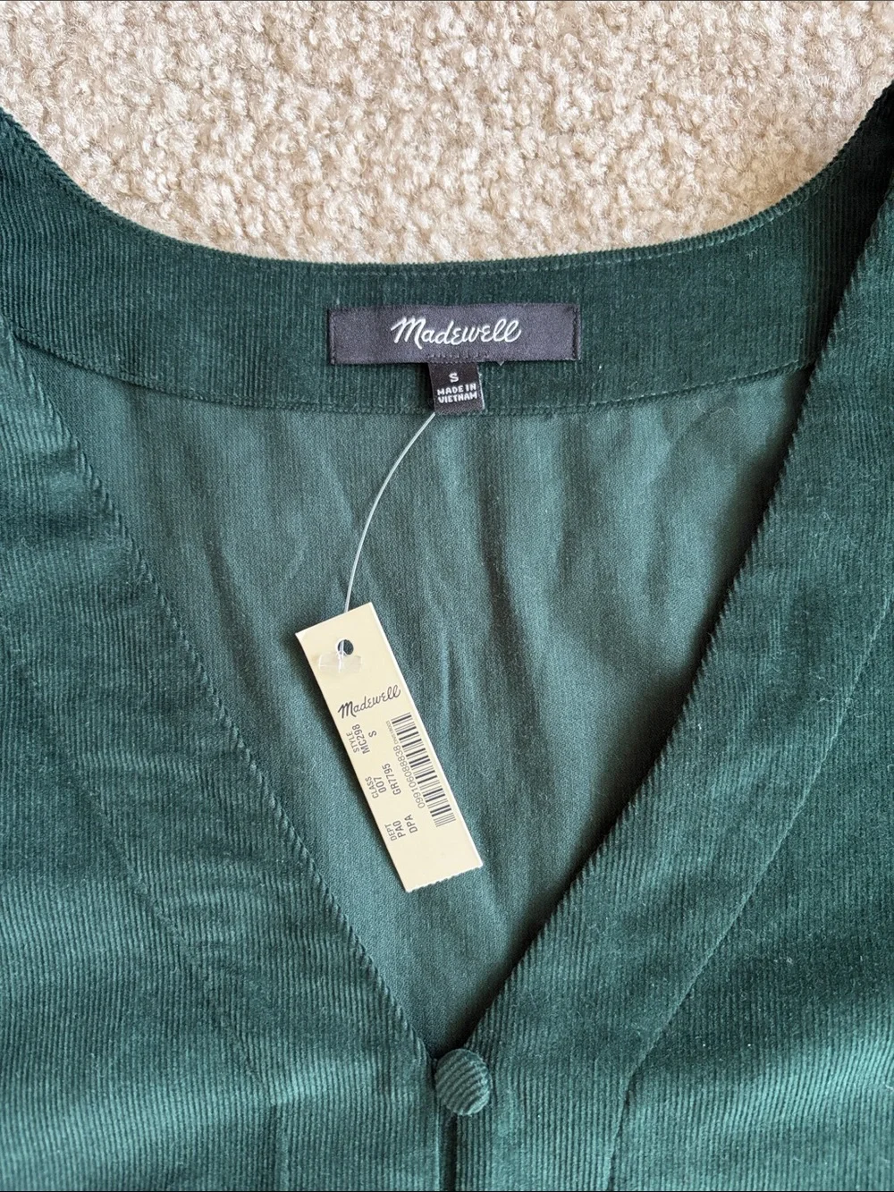NWT Madewell Dark Green Corduroy V-Neck Button-Front Puff Sleeve Top